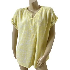 Kim Rogers Split Neck Top Womens Petite PXL Yellow Floral Pleated Short Sleeve